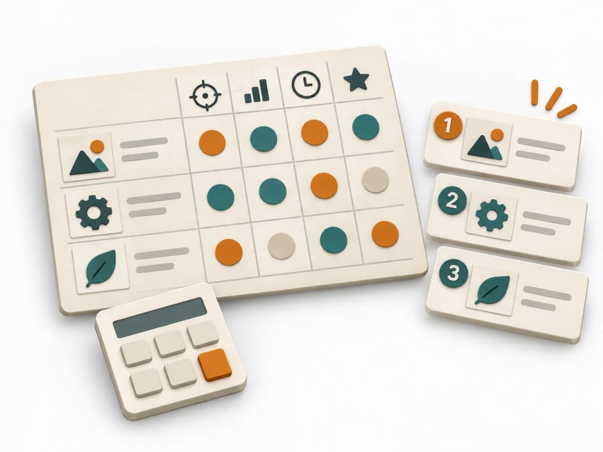 Paper illustration of a scoring table with four factor columns, a calculator and three ordered initiative cards.