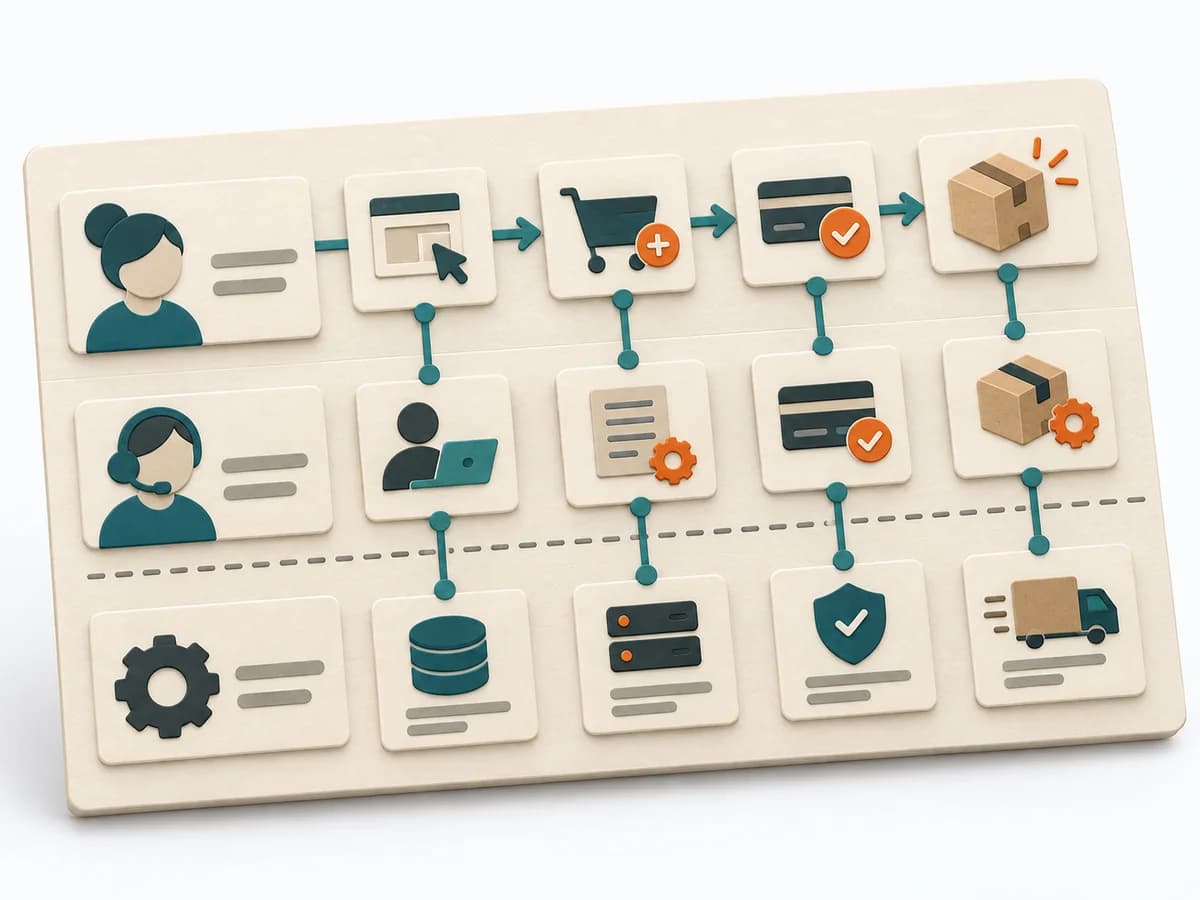 A paper-based illustration representing Service Blueprint with its core stages and visible working result.