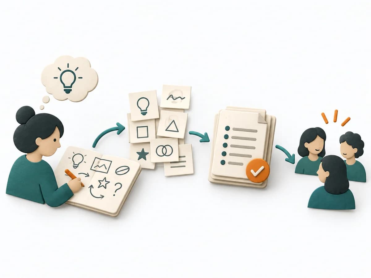 Papierillustration von Solo Brainstorming mit dem methodenspezifischen Arbeitsmodell.
