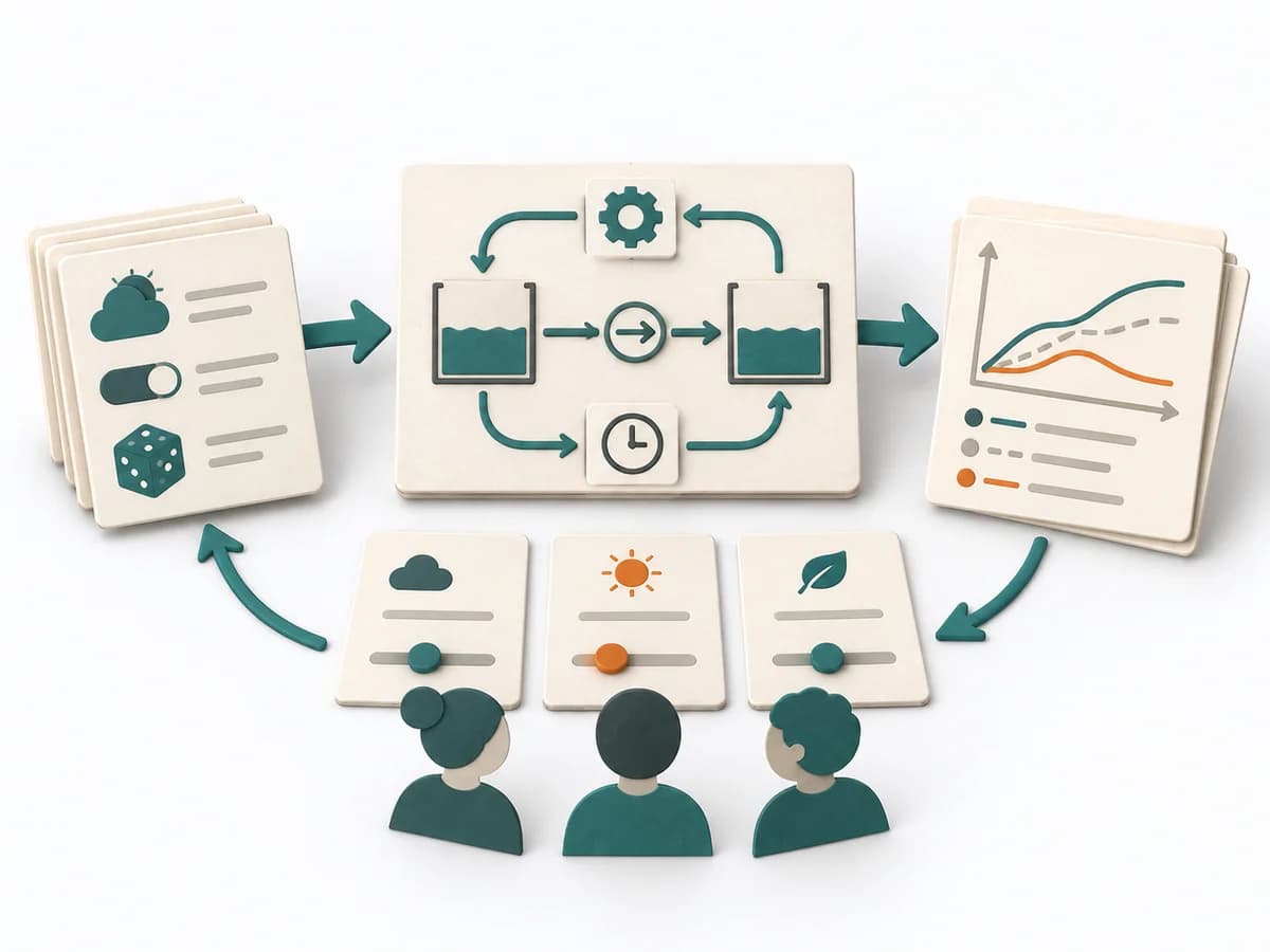 Papierillustration von System Dynamics Simulation mit dem methodenspezifischen Arbeitsmodell.