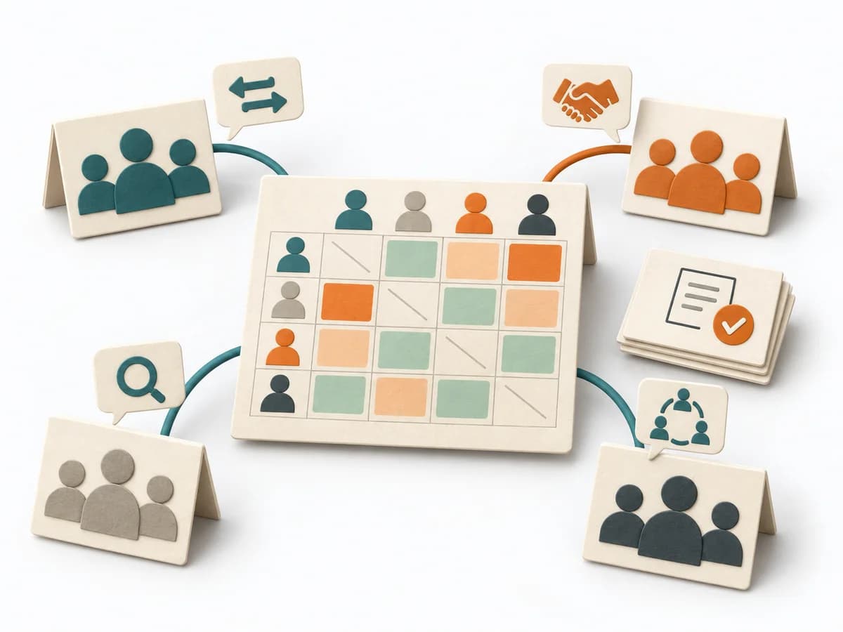 Papierillustration von Team Topologies Interaction Modes mit dem methodenspezifischen Arbeitsmodell.