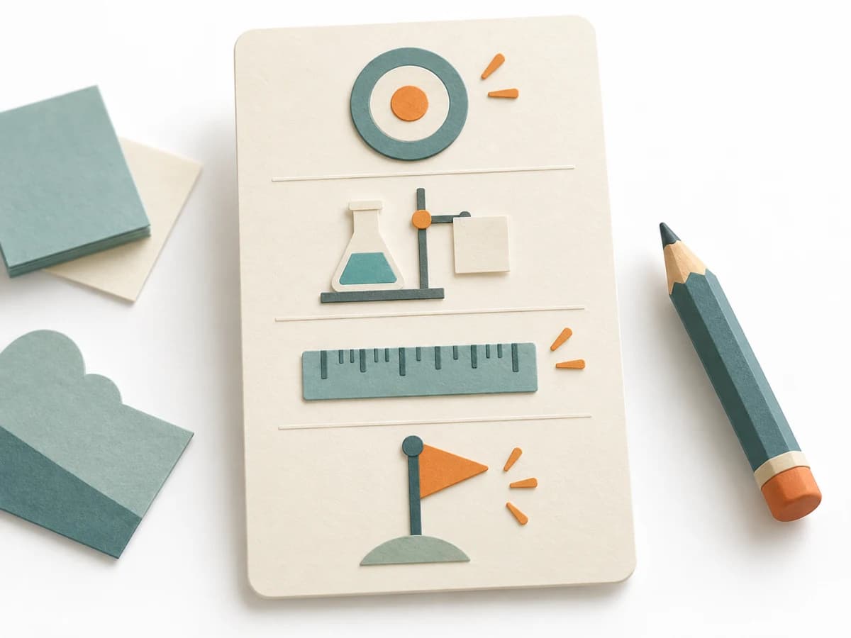 Paper illustration of a Test Card with four fields for hypothesis, test, metric, and success threshold.