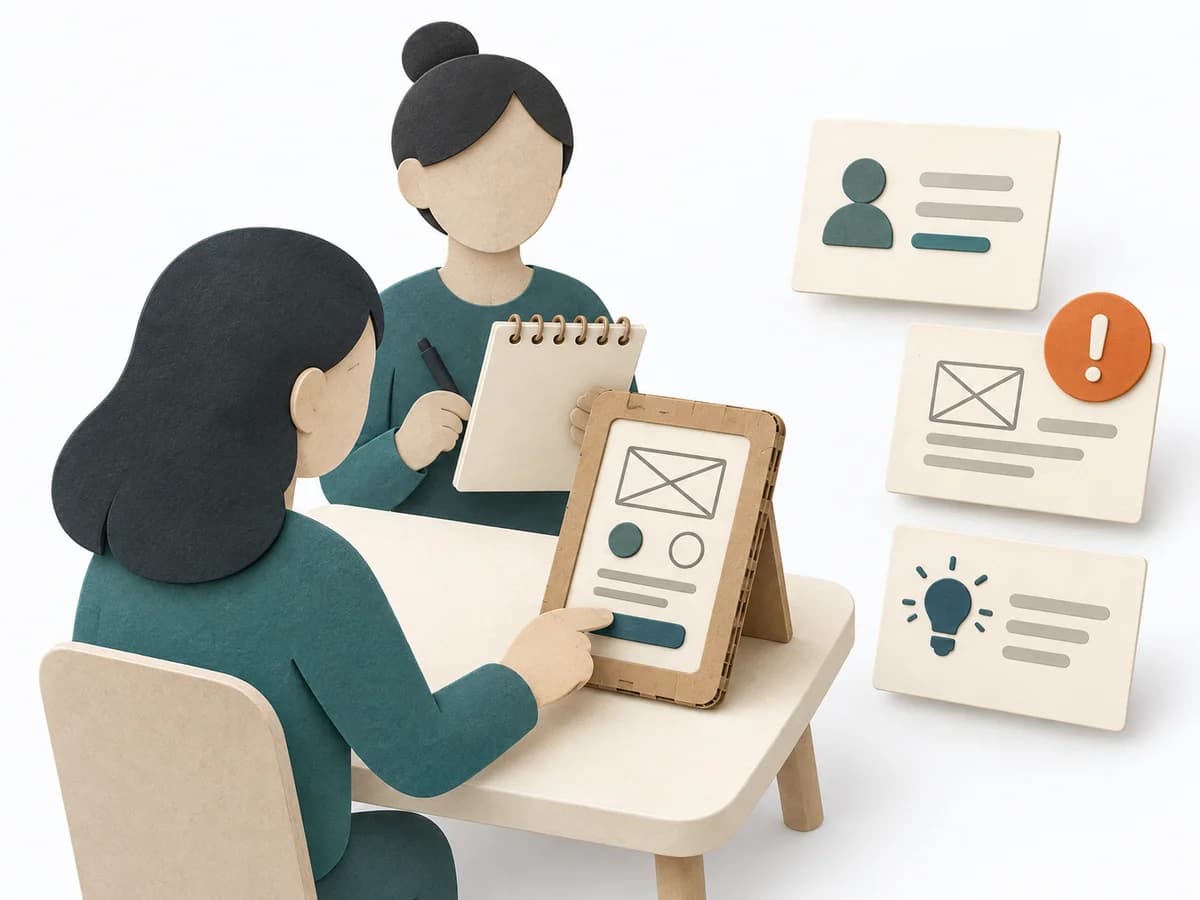 Papierillustration mit einer Person am Prototyp, beobachtender Person mit Notizbuch und markiertem Usability-Problem.