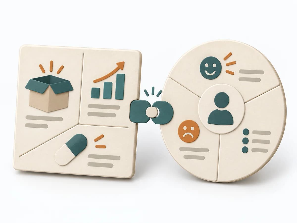 Paper illustration of the Value Proposition Canvas: Value Map with products and services, pain relievers and gain creators on the left; Customer Profile with jobs, pains and gains on the right.